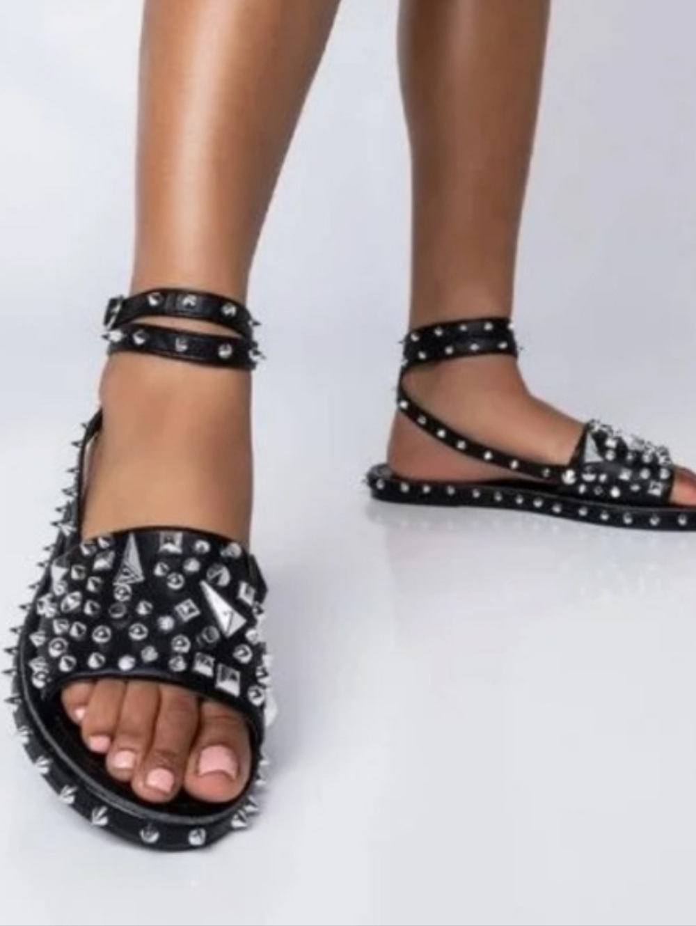 Lemonade Studded Black Leather Flat Sandals Sz.8.5